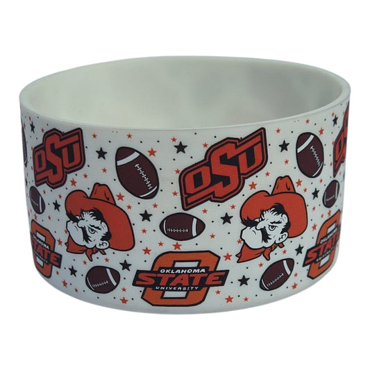 Oklahoma State Cowboys silicone tumbler boot with OSU football design