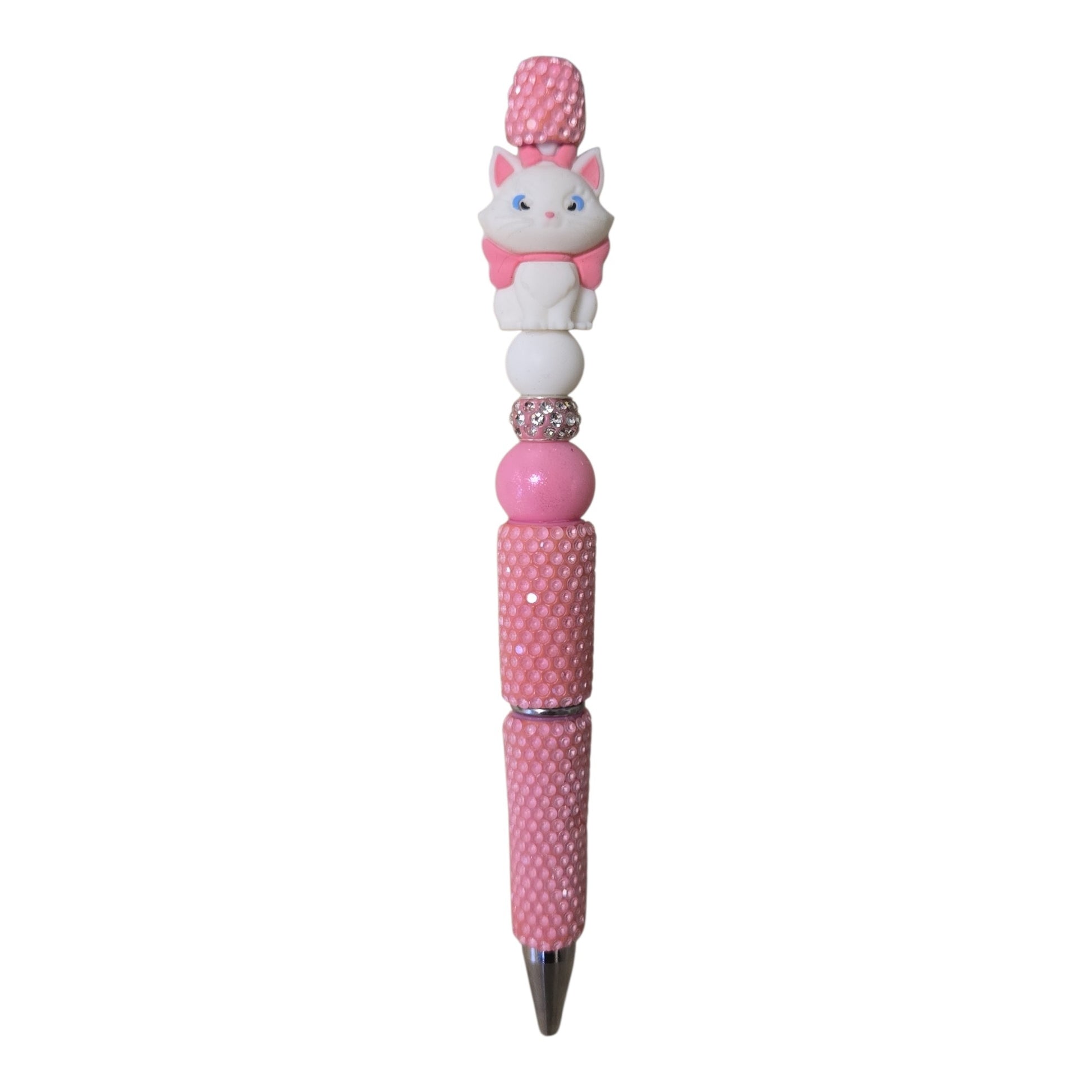 Pink and white cat beaded pen with sparkling rhinestone accents
