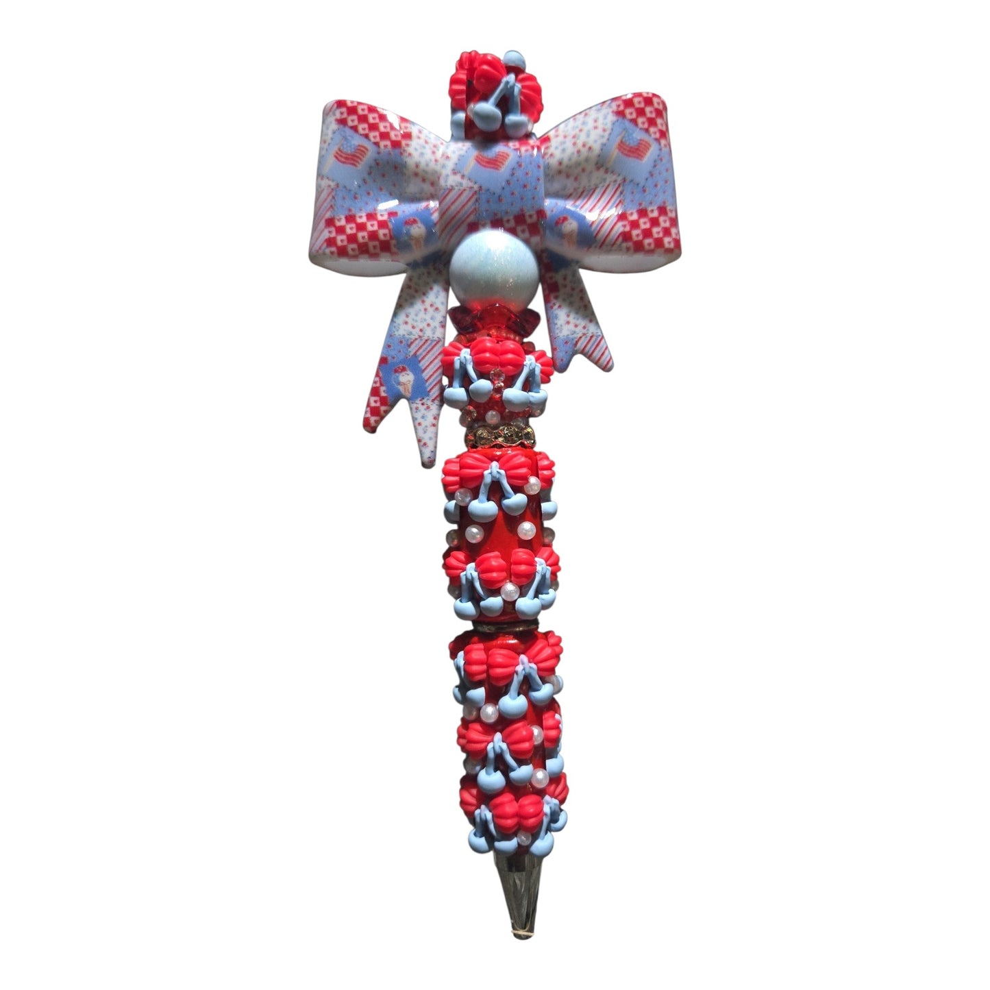 Red White and Cherry On Top patriotic 3D cherry beaded pen with red white and blue bow