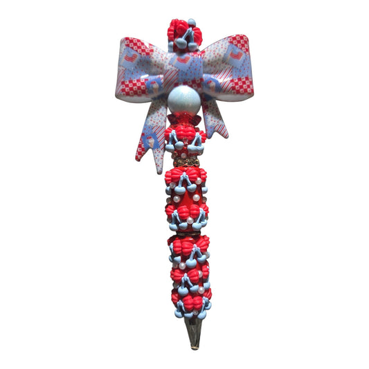 Red White and Cherry On Top patriotic 3D cherry beaded pen with red white and blue bow