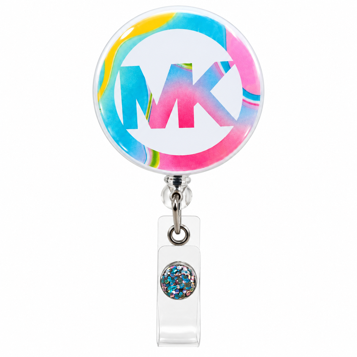 Pastel rainbow MK monogram retractable badge reel with pink, turquoise, yellow, and white swirl design and glittery snap ID holder.