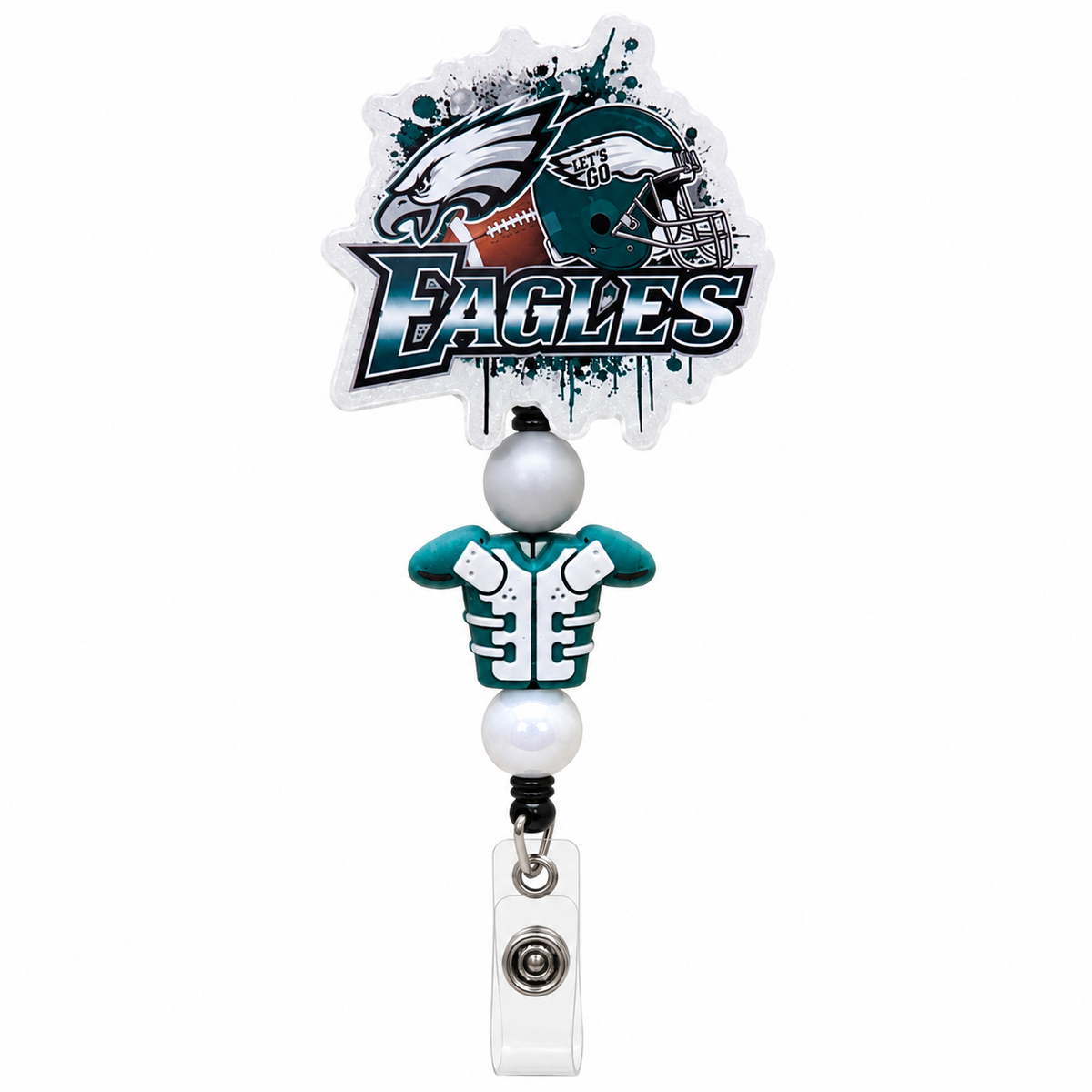 Philadelphia Eagles beaded badge reel with Eagles helmet and logo topper, gray and white beads, green football jersey charm, and clear ID holder.