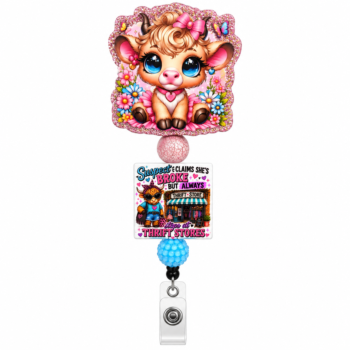 Highland cow beaded badge reel with pink glitter topper, colorful flowers, funny thrift store shopping charm, textured pink bead, blue bubble bead and retractable ID clip.