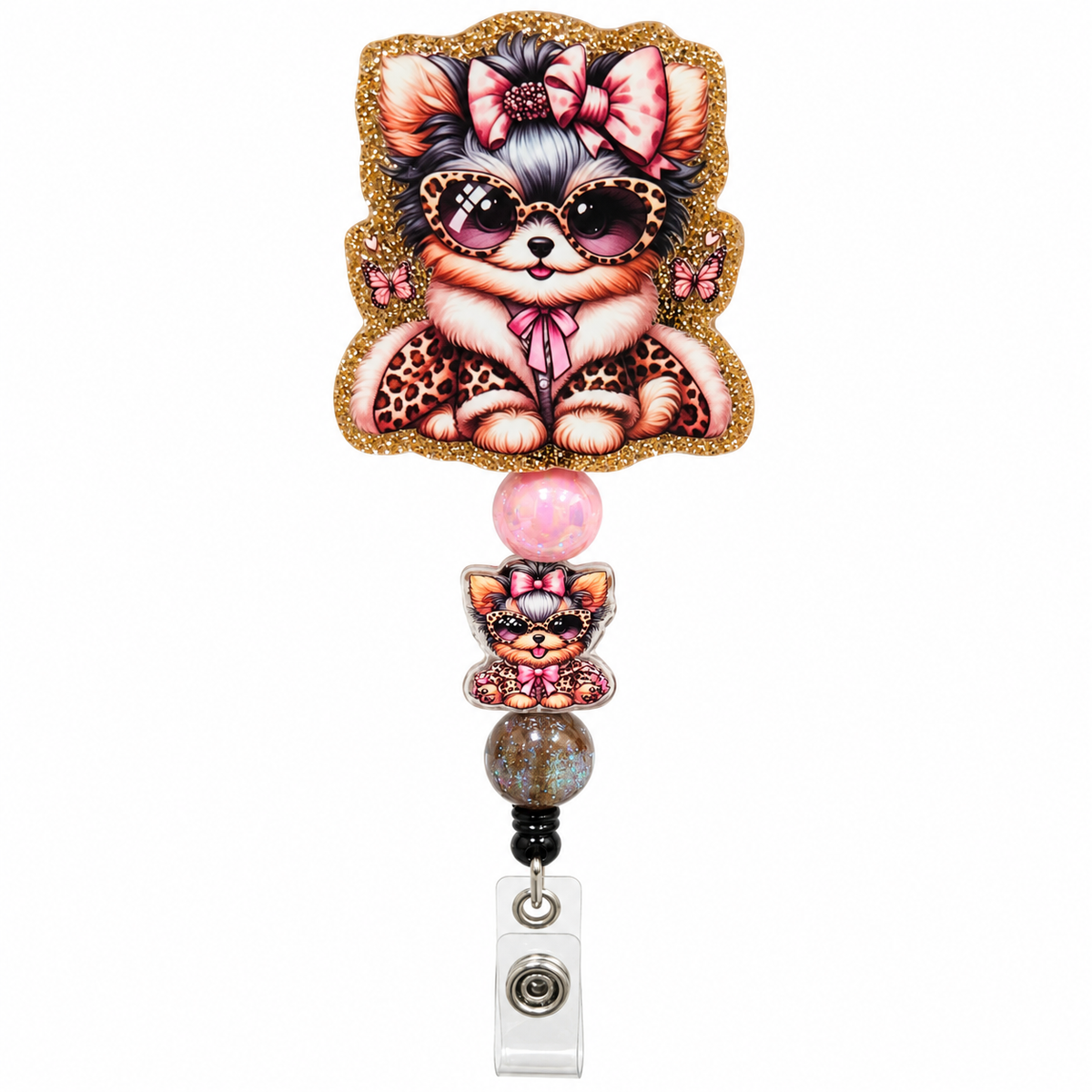 Leopard Print Puppy Beaded Badge Reel – Pink Bow & Glitter ID Holder