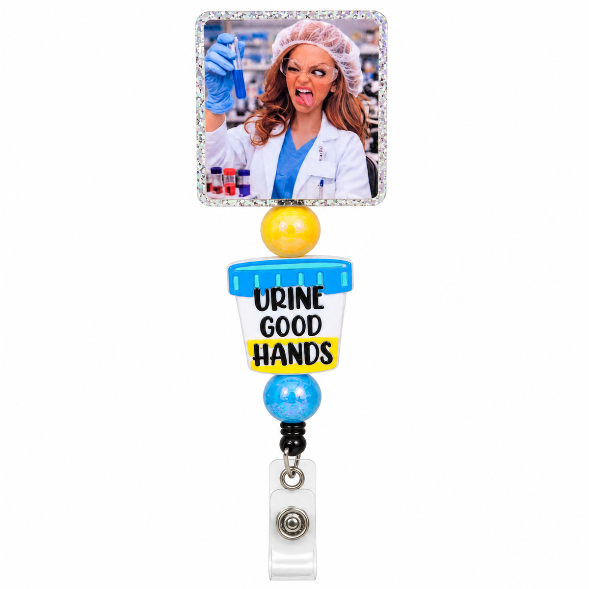 Funny lab tech beaded badge reel with woman holding test tube, Urine Good Hands specimen cup charm, yellow and blue beads, and clear ID holder