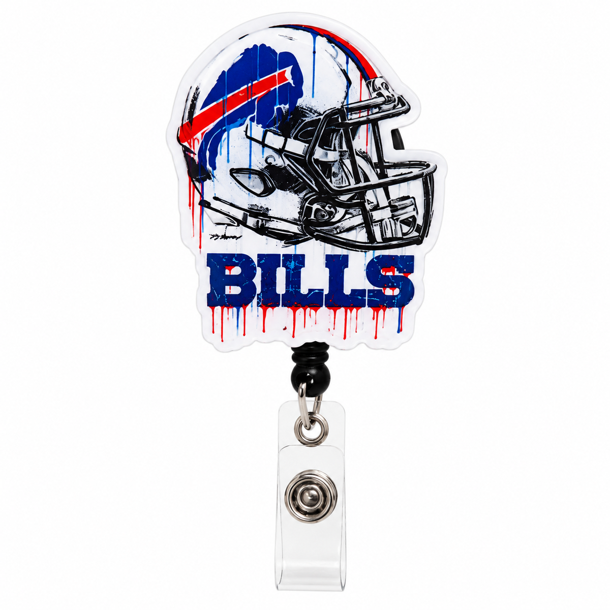 Buffalo Bills retractable badge reel featuring distressed white football helmet with navy blue and red accents, BILLS lettering, and clear snap ID holder.