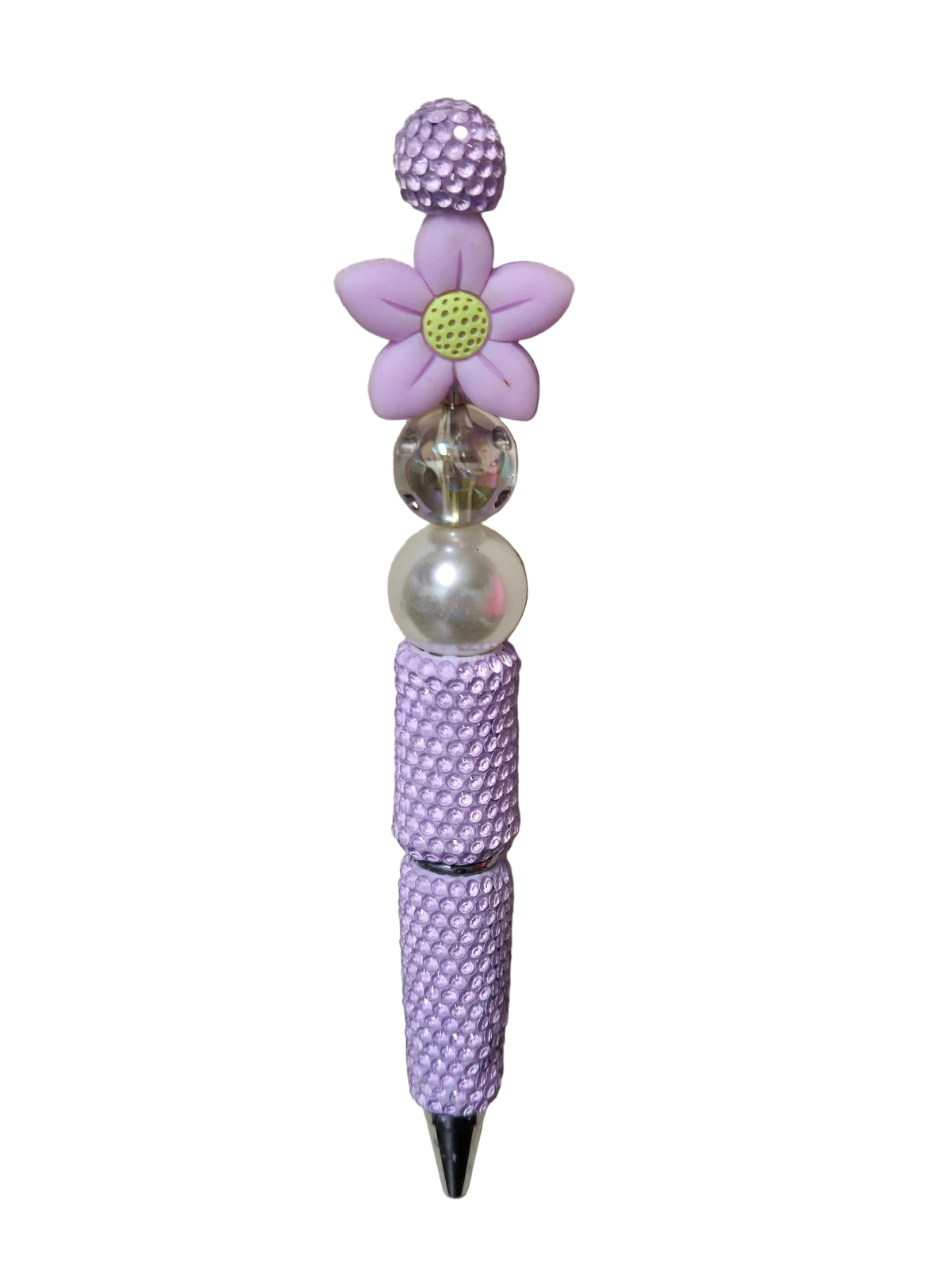 Lavender purple rhinestone bling beaded pen featuring a purple daisy, iridescent clear bead, and white pearl accent.