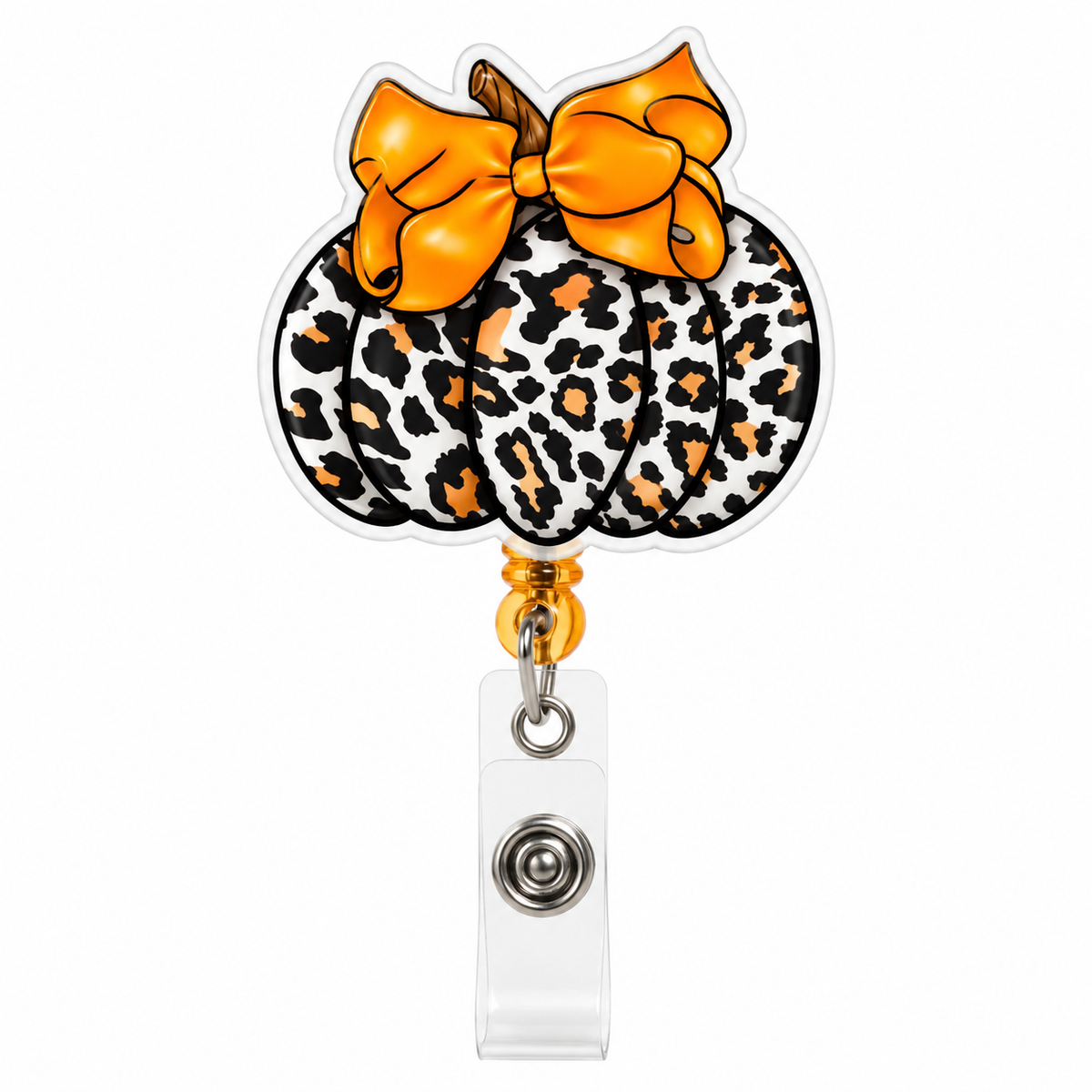 Leopard print pumpkin retractable badge reel featuring cream and tan animal print pumpkin, oversized orange bow, and clear snap ID holder.