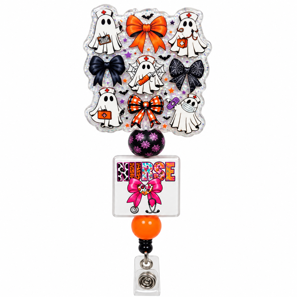 Shop this spooky nurse ghost badge reel featuring Halloween bows, colorful beads and a retractable ID holder. Cute Halloween gifts for nurses