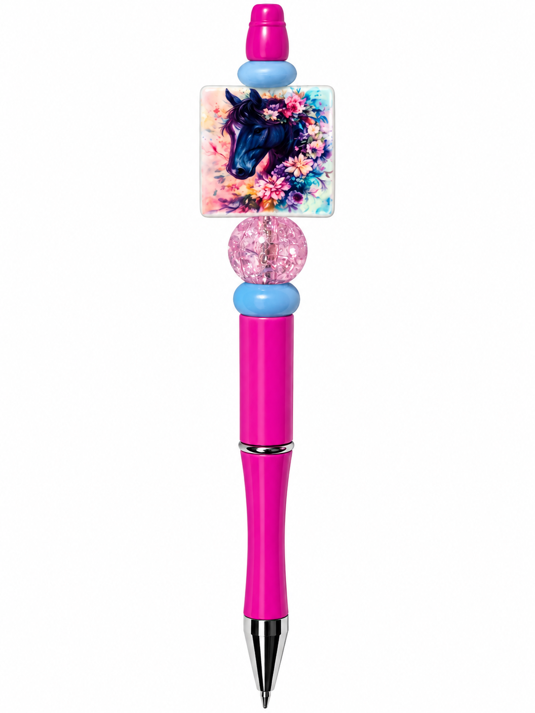 "Pink beaded pen featuring a black horse surrounded by colorful flowers, pink crackle bead, pastel blue accents and hot pink barrel."