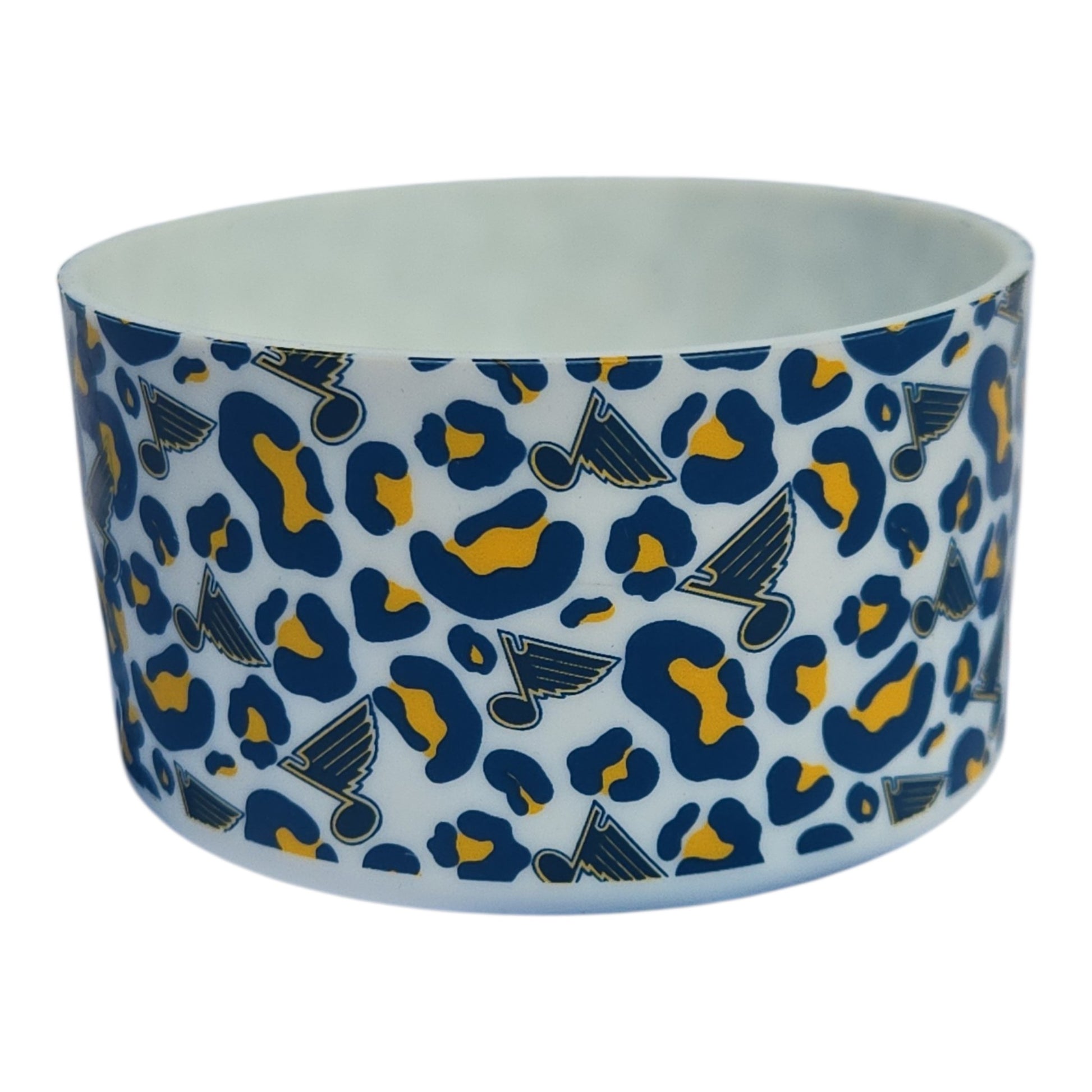 Blue and gold leopard print St. Louis hockey silicone tumbler boot cup protector