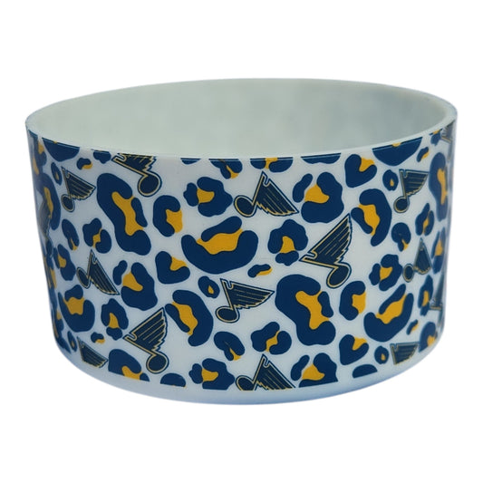 Blue and gold leopard print St. Louis hockey silicone tumbler boot cup protector