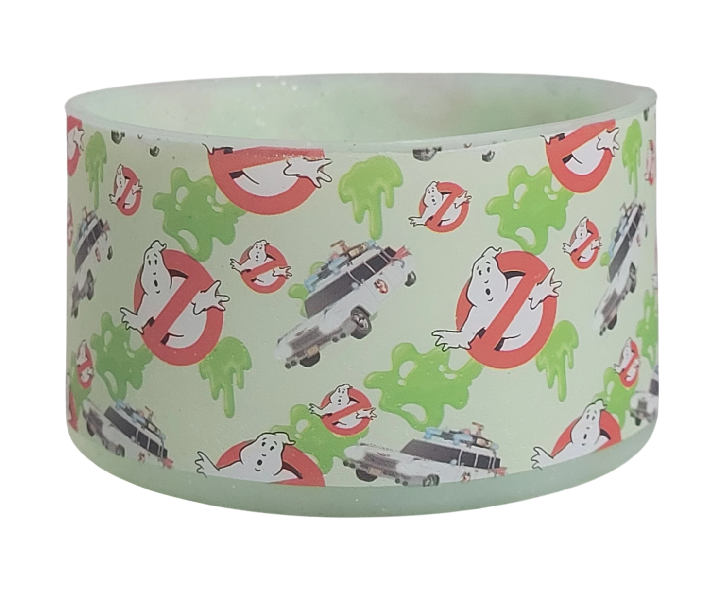 THE SALTY CHIC Ghostbusters silicone tumbler boot with green slime, Ecto-1 car, and ghost logo pattern.