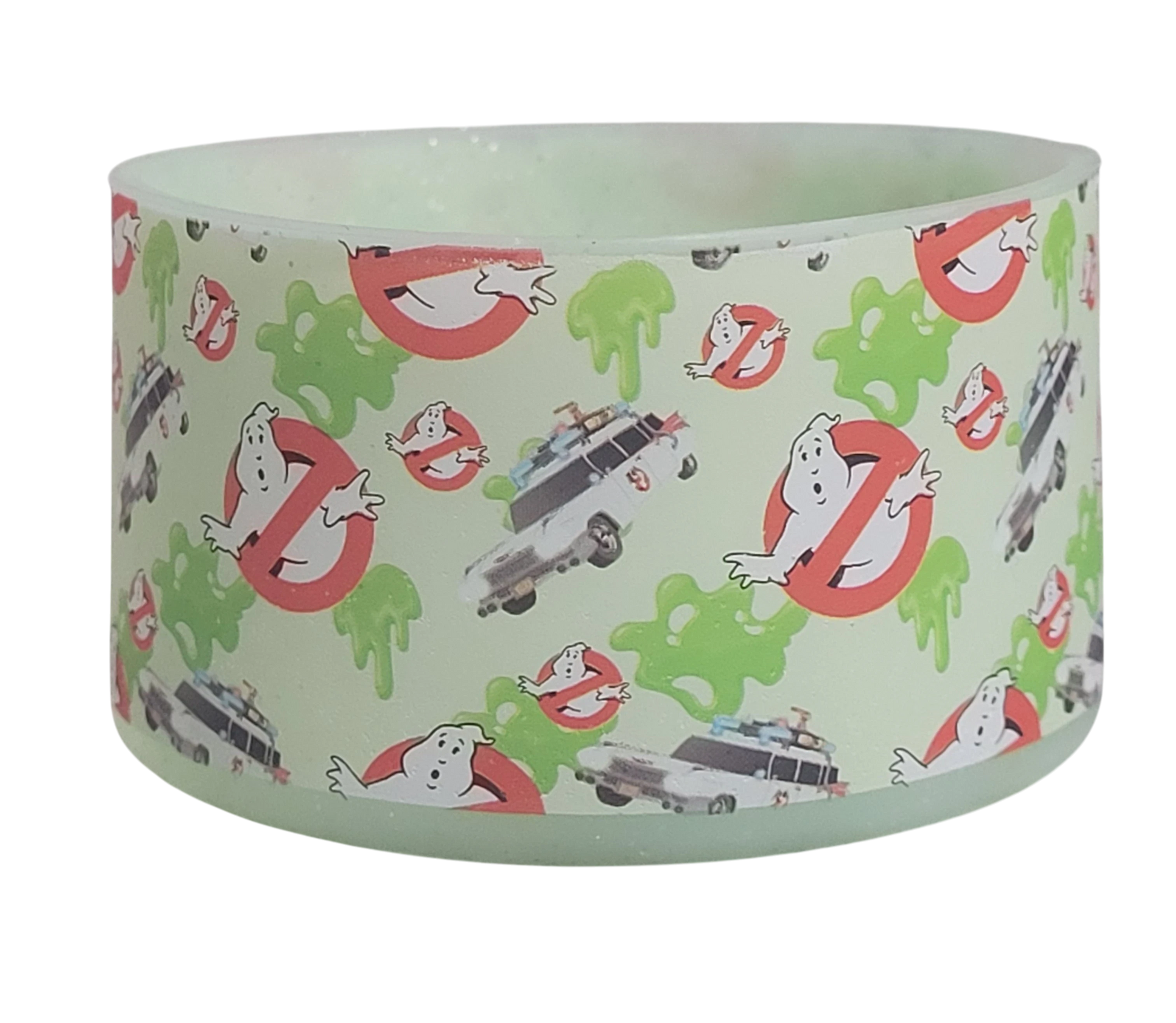 THE SALTY CHIC Ghostbusters silicone tumbler boot with green slime, Ecto-1 car, and ghost logo pattern.