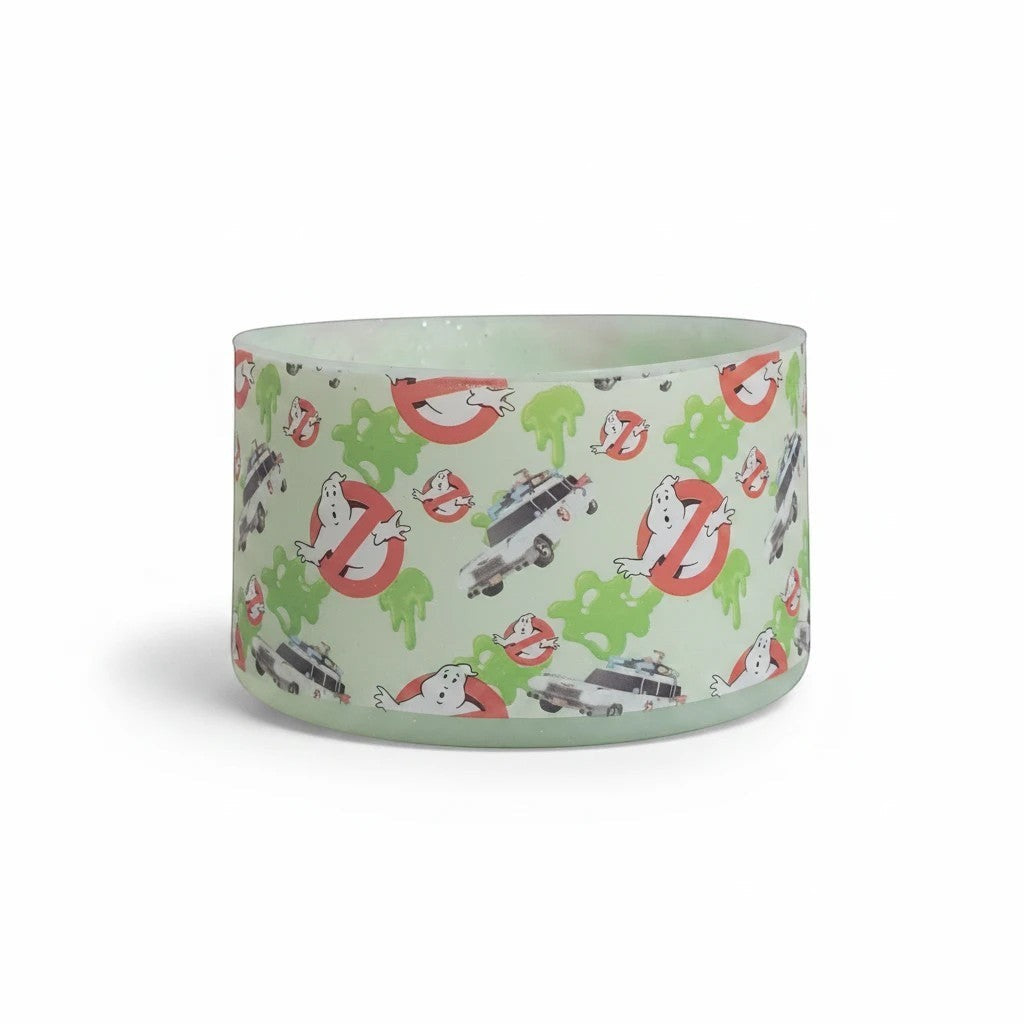 THE SALTY CHIC Ghostbusters silicone tumbler boot with green slime, ghosts, and Ecto-1 car pattern on light green base.