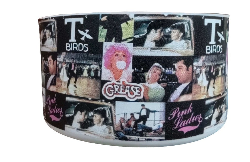 THE SALTY CHIC Grease movie themed silicone tumbler boot with T-Birds and Pink Ladies collage print