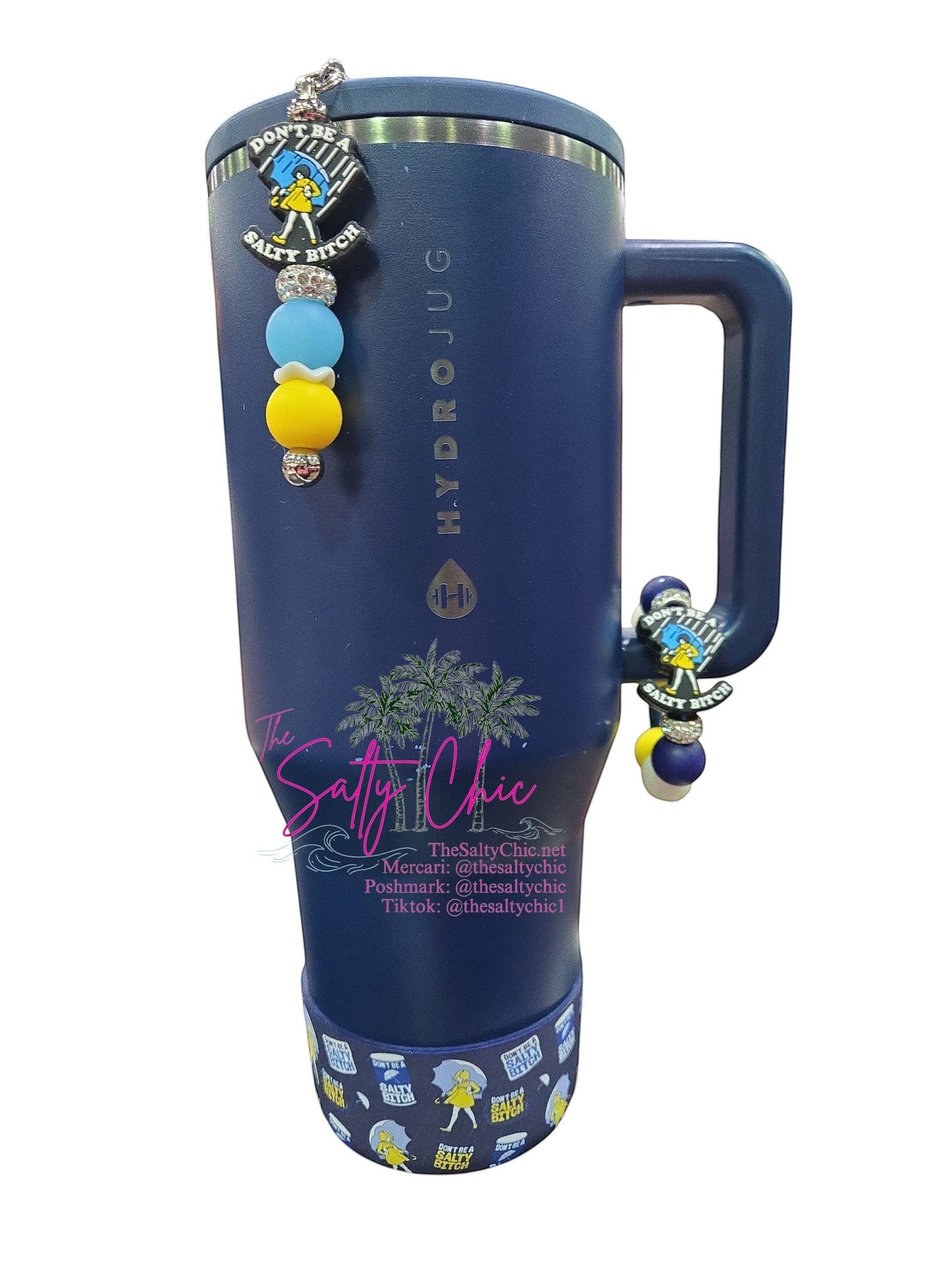 THE SALTY CHIC navy tumbler with matching silicone boot and decorative beaded charms featuring a sassy motif