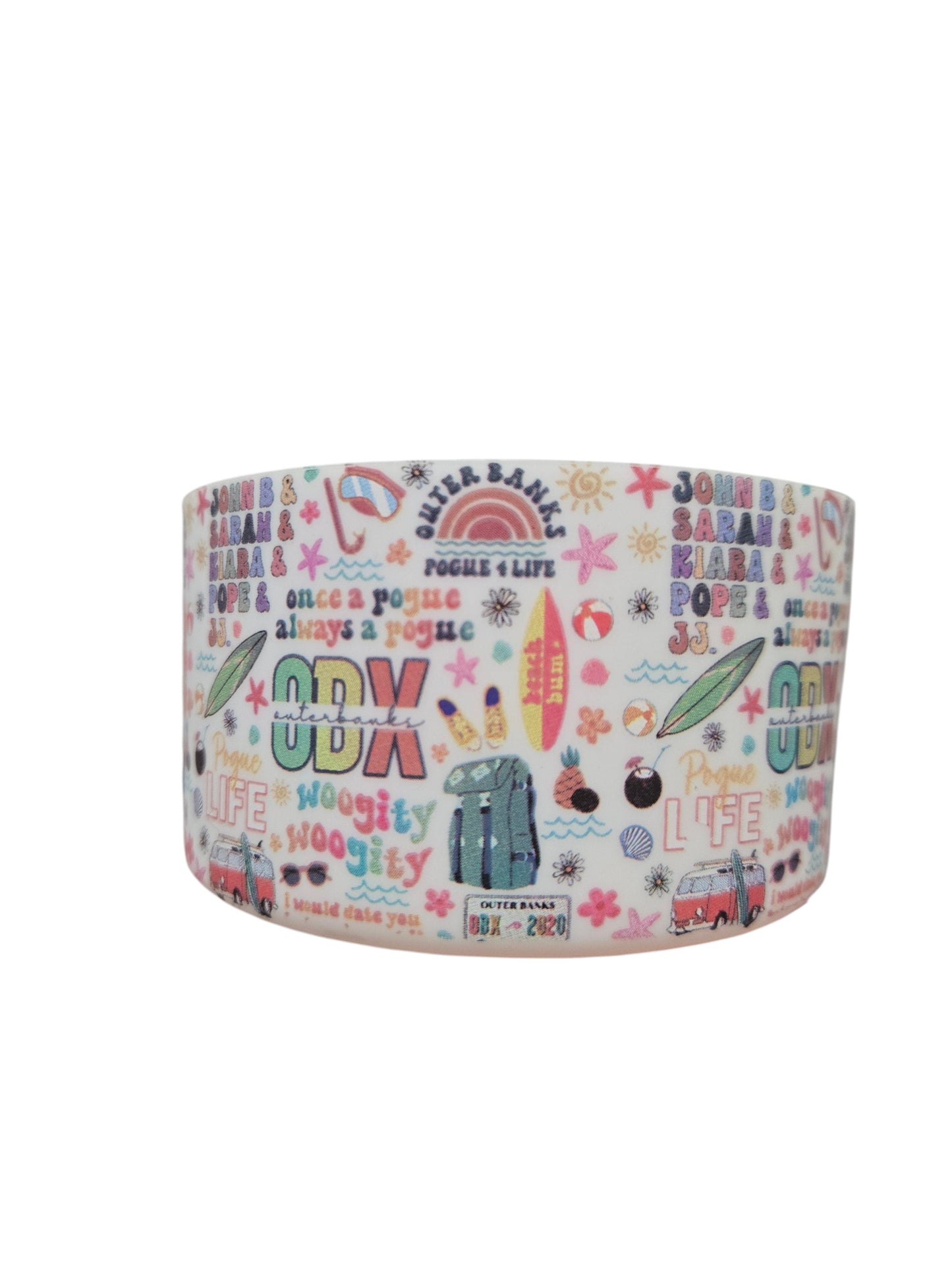 THE SALTY CHIC Outer Banks tumbler boot featuring colorful beach-themed icons and show-inspired text patterns.