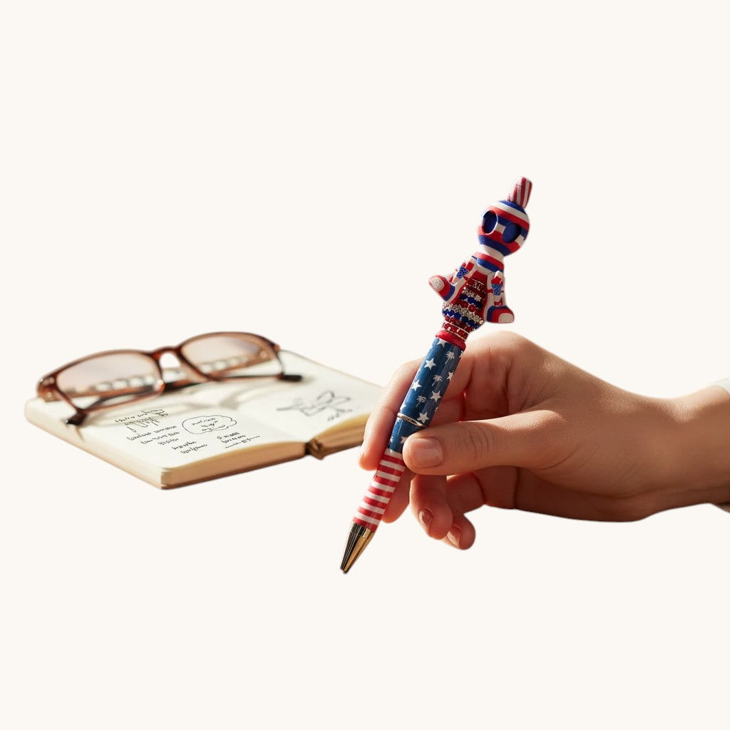 THE SALTY CHIC patriotic novelty pen with American flag pattern, rhinestone accents, and a custom character topper.