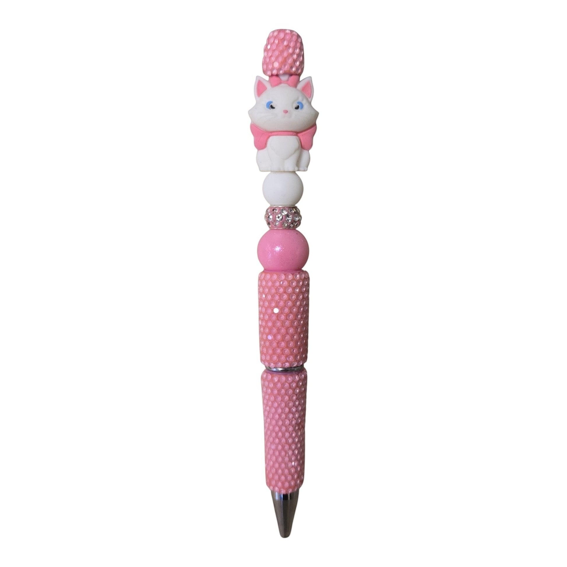 THE SALTY CHIC pink and white cat beaded pen featuring a cute kitten focal bead and sparkling rhinestone accents.