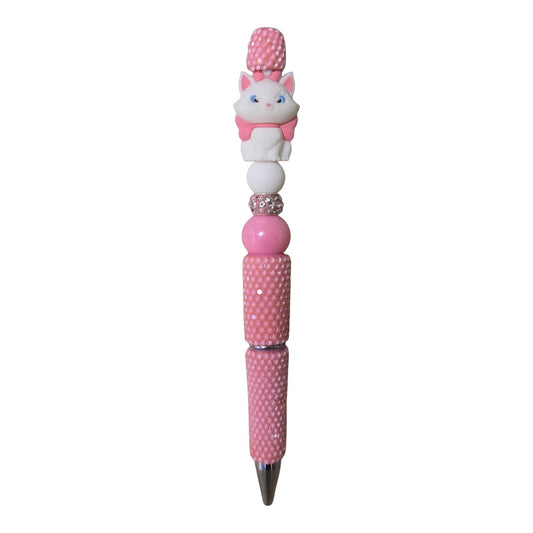 THE SALTY CHIC pink and white cat beaded pen featuring a cute kitten focal bead and sparkling rhinestone accents.