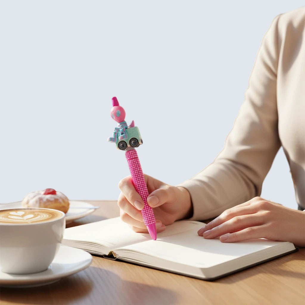 THE SALTY CHIC hot pink rhinestone beaded pen with a 3D roller skate topper being used to write in a notebook.