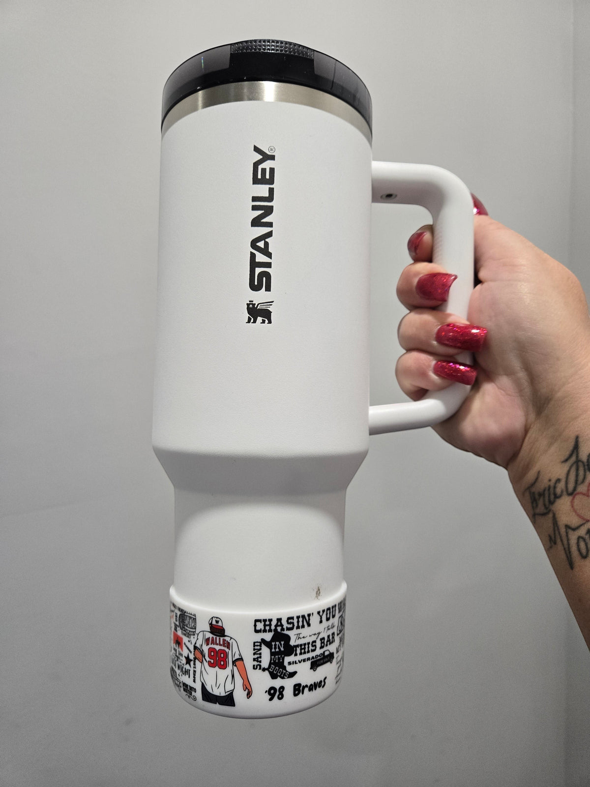 THE SALTY CHIC Morgan silicone boot bumper on a white Stanley tumbler with a custom baseball-themed print