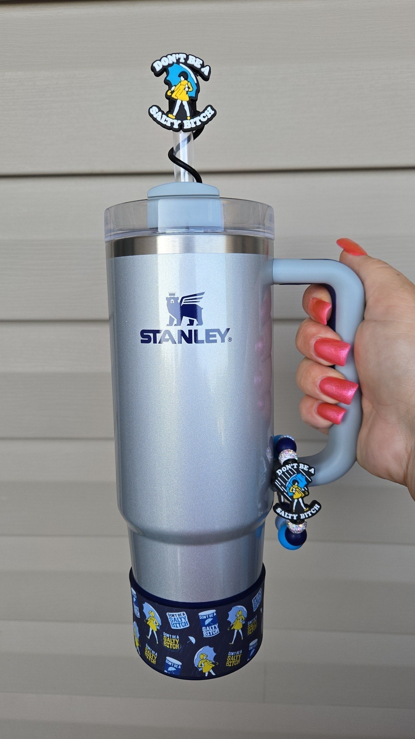 THE SALTY CHIC tumbler accessory set with a navy silicone boot, straw topper, and handle charm featuring sassy motifs.