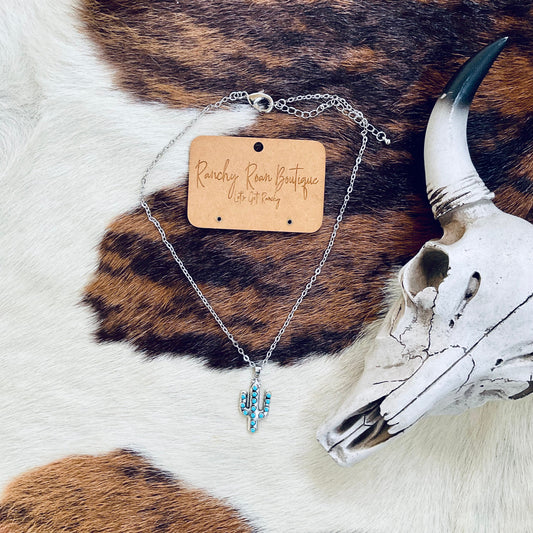 Turquoise Cactus Pendant Chain Western Necklace