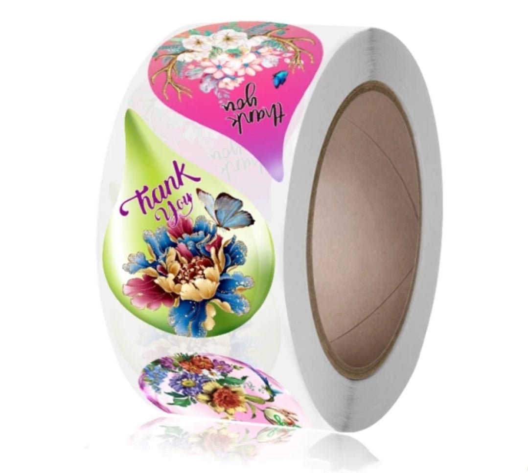 Water Drop Floral Thank You Stickers 2.15 inch x 1.5 inch 500 Count Per Roll Pink Green Shipping Supplies