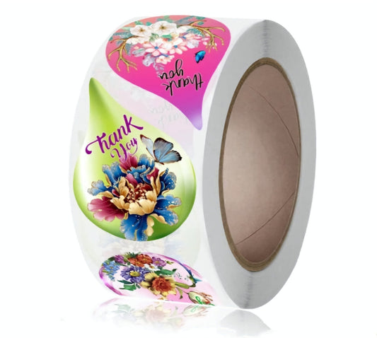 Water Drop Floral Thank You Stickers 2.15 inch x 1.5 inch 500 Count Per Roll Pink Green Shipping Supplies