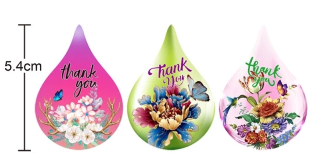 Water Drop Floral Thank You Stickers 2.15 inch x 1.5 inch 500 Count Per Roll Pink Green Shipping Supplies